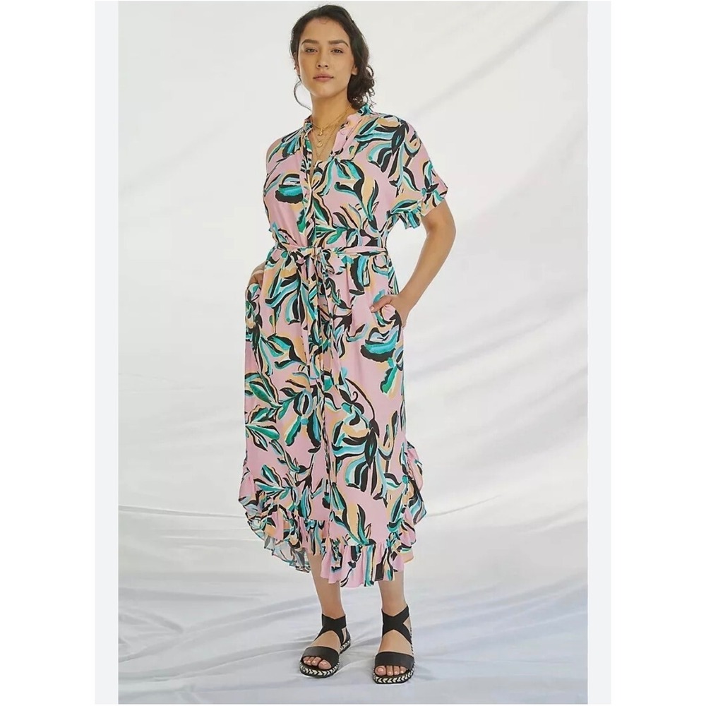 Corey Lynn Calter Midi Dress Womens S Pink Tropical Ruffle Hem Belted Summer Boh